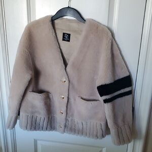 DANIELLA ERIN Beige 100% Shearling Cardigan with Black Varsity Stripe